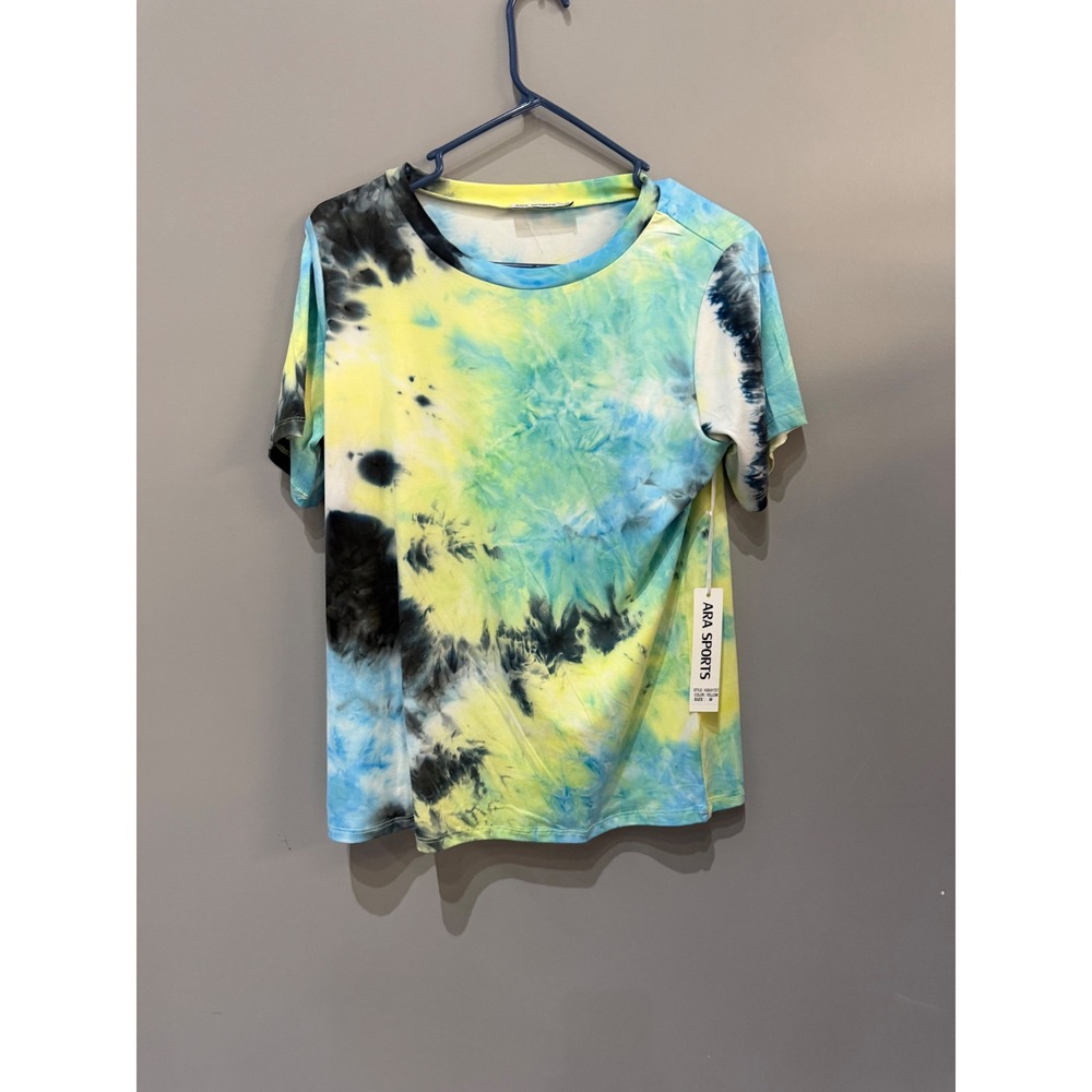 Ara Sports Womens Tie Dye Short Sleeve Activewear Top Yellow Blue Black Size M